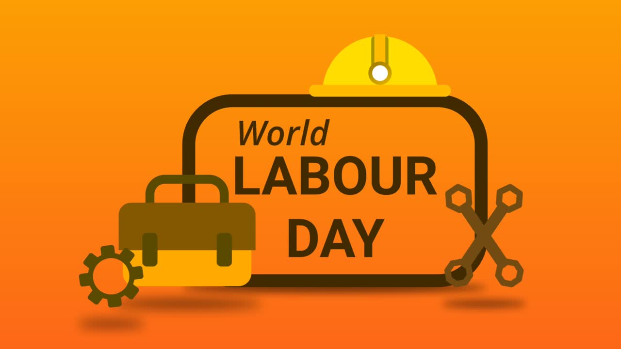 Labour day motion animation isolated on orenge safety colour background with safety cap, labour kit and tools. Seamless worker's day animation.