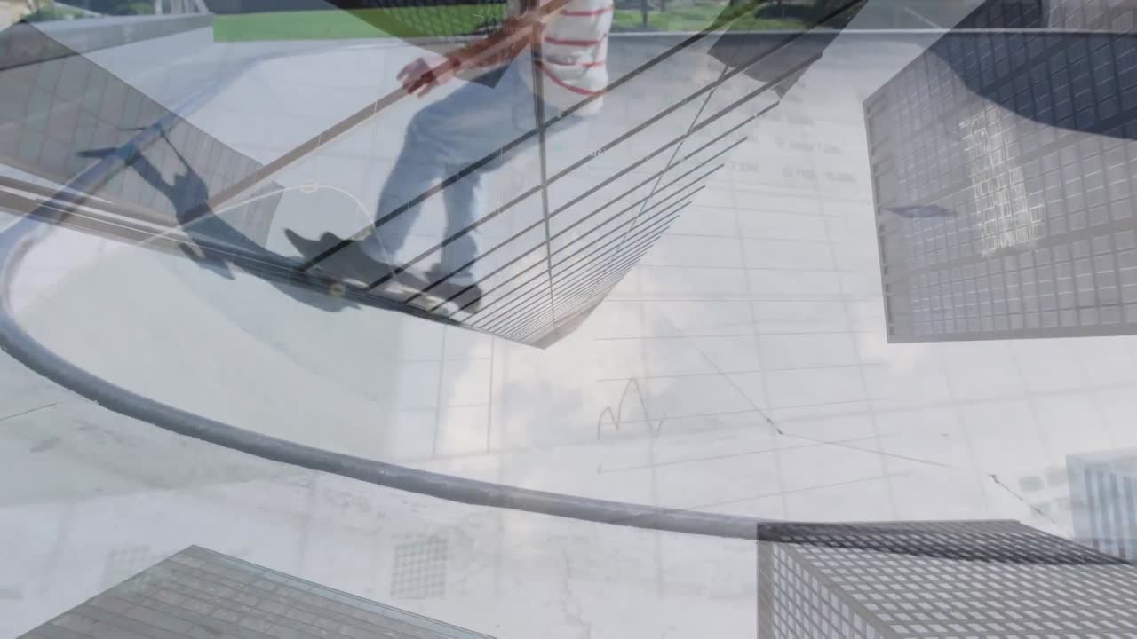 animación de un hombre afroamericano patinando sobre el paisaje urbano