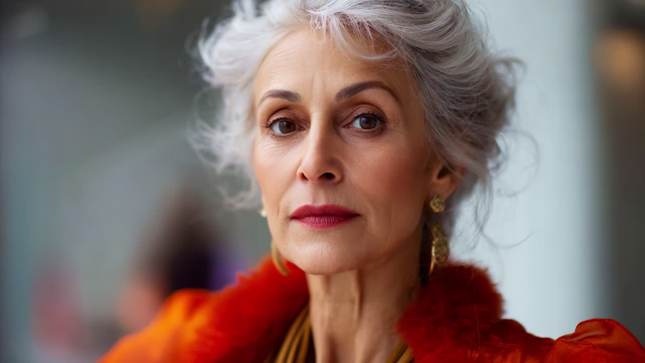 Donna matura elegante con capelli argentei e gioielli vistosi ritratta in immagini artistiche che esprimono sicurezza e bellezza raffinata in un ambiente accogliente