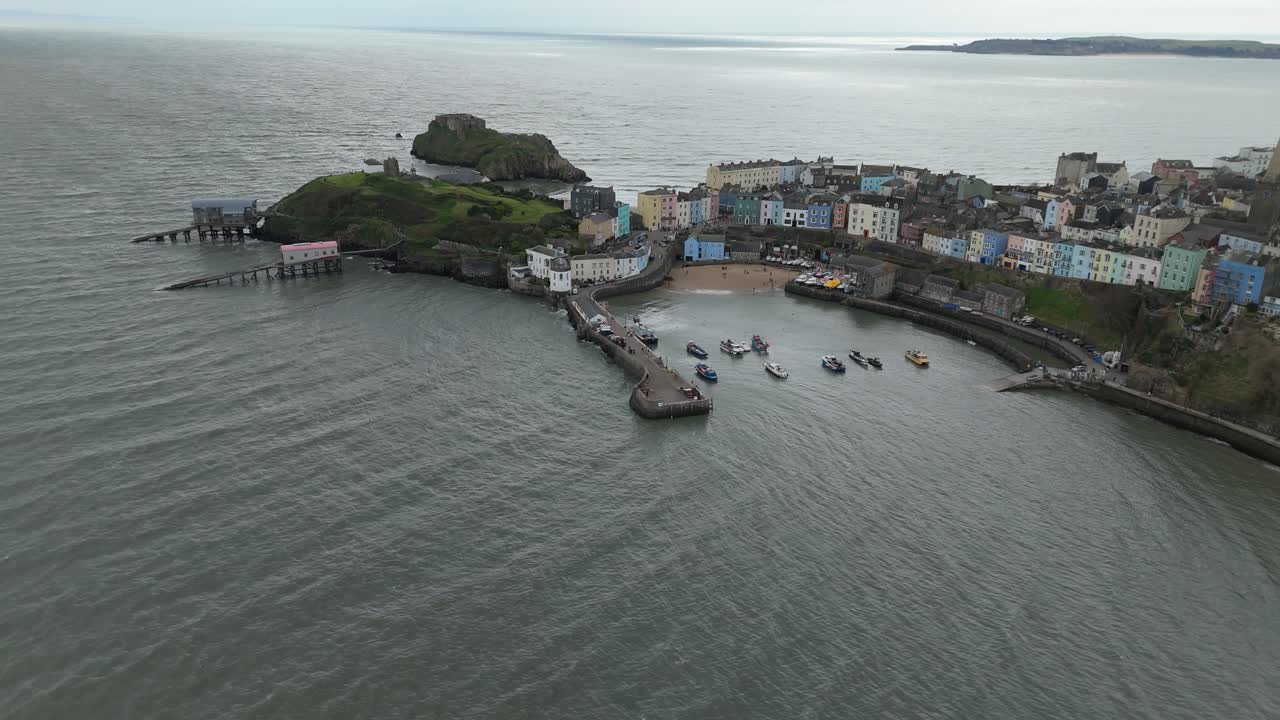 Aerial view Tenby Harbour Town and Resort in southwest Wales, United Kingdom