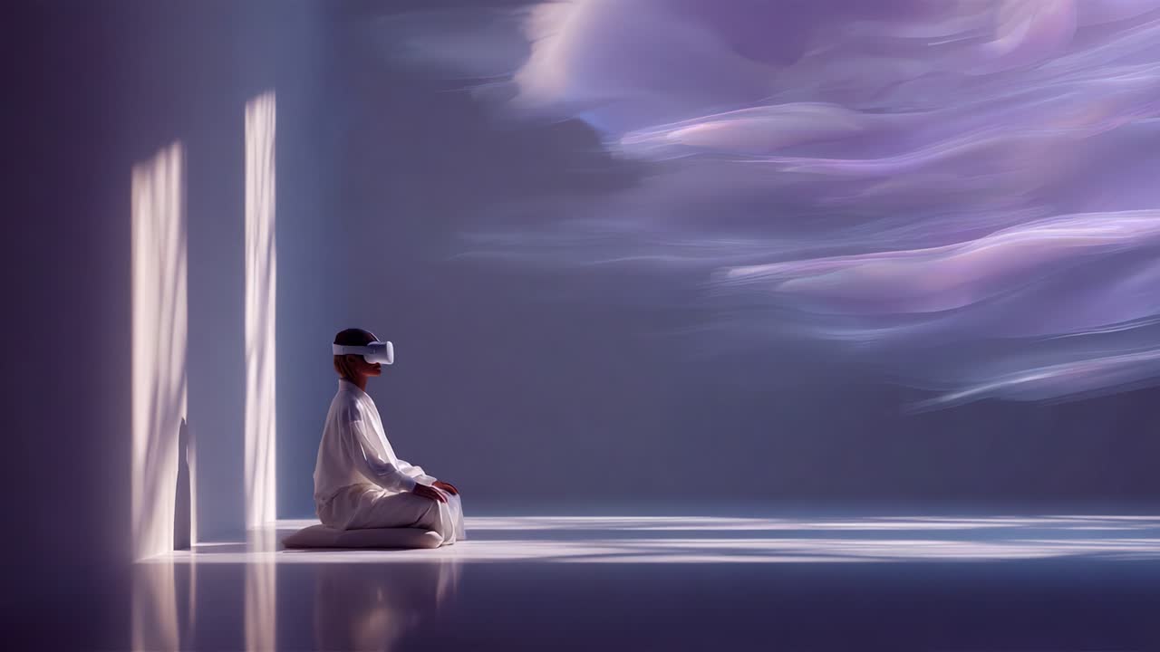 A Captivating Exploration of Virtual Reality and Meditation: An Individual Engages Deeply with a Virtual Horizon Against a Dreamy Background of Soft Clouds and Light