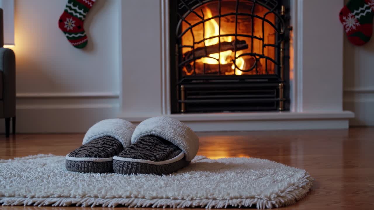 Cozy slippers resting on a soft rug in front of a warm fireplace, creating a welcoming atmosphere for relaxation and comfort during the winter season