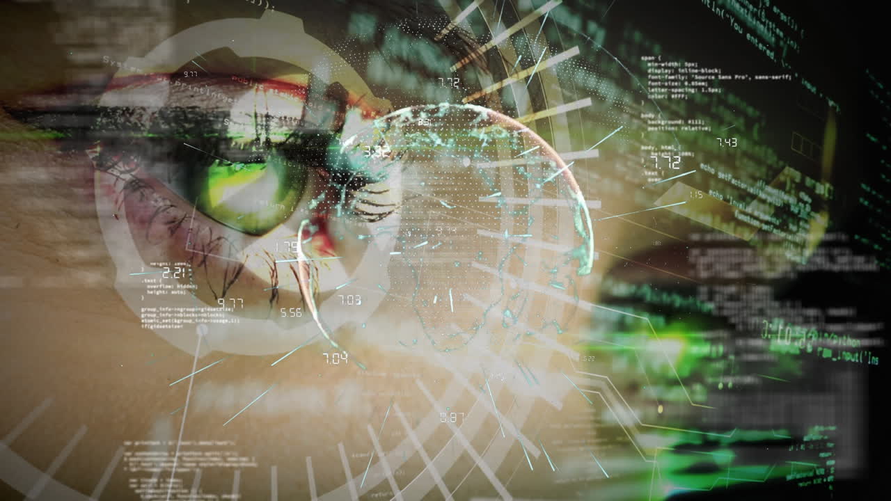 animación del procesamiento de datos globo de conexiones sobre el ojo de la mujer