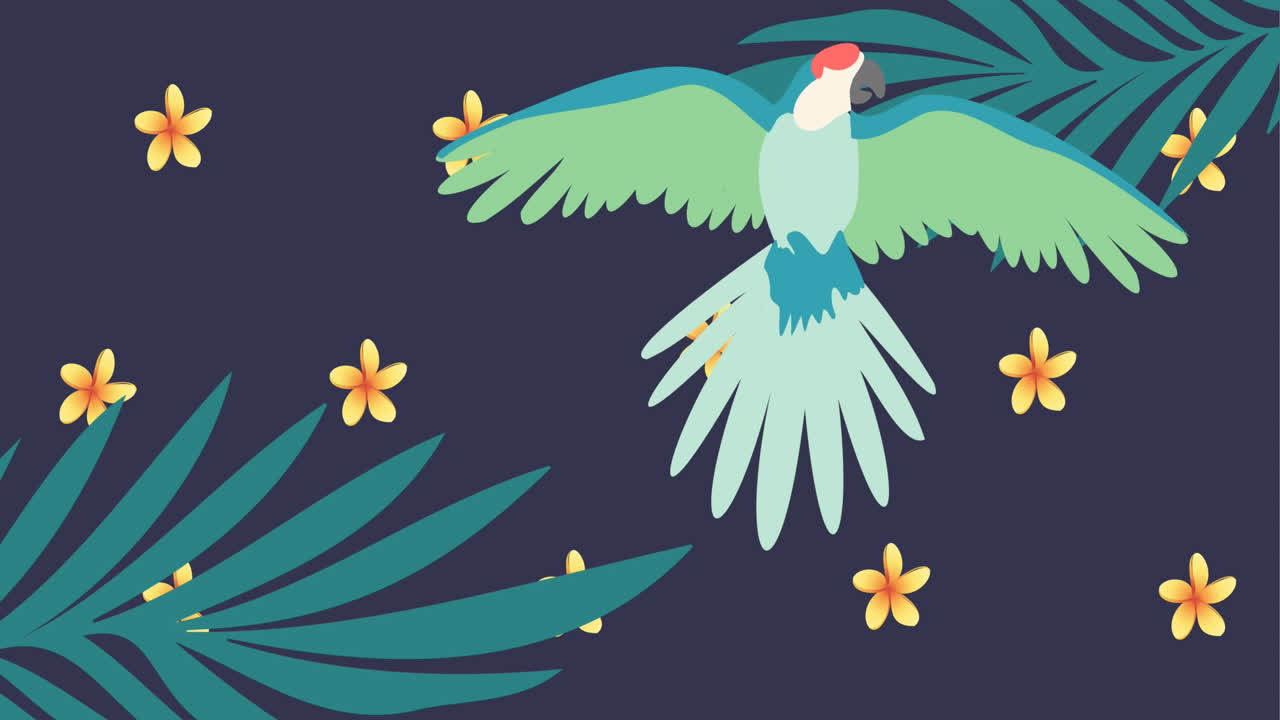 파란색 배경에 있는 이국적인 새와 식물 위에 노란색 사각형 위에 플래시 판매 텍스트의 애니메이션