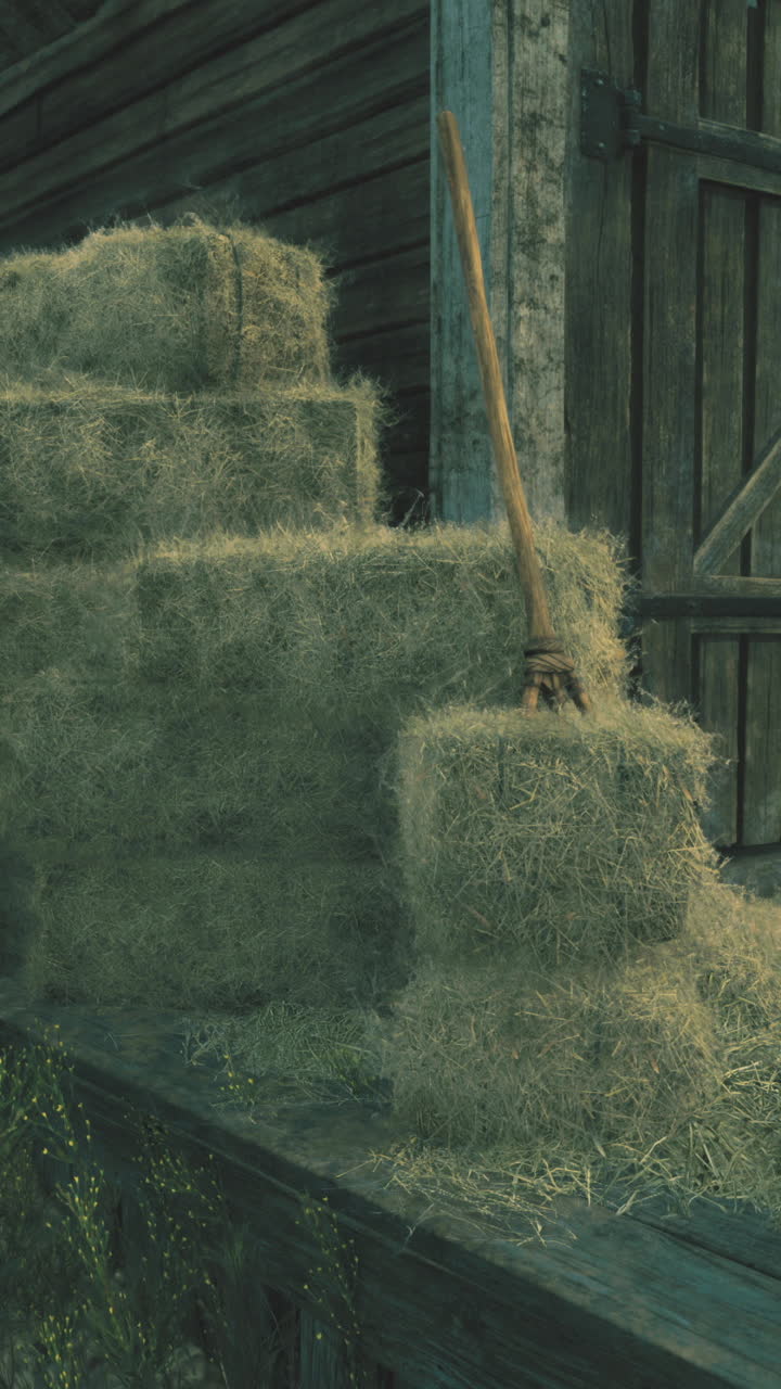Stacked hay bales near wooden building in rural countryside at dusk