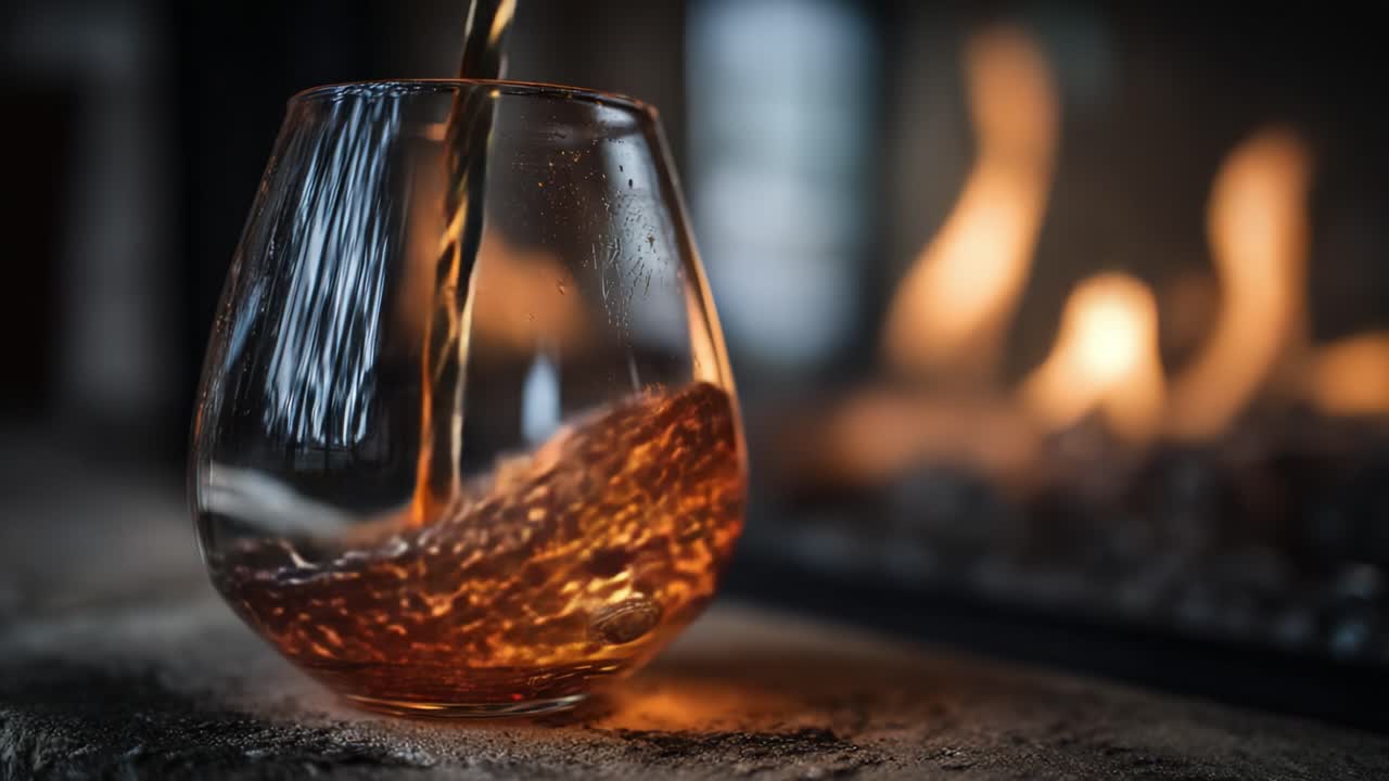 A Moment of Calm: A Captivating Visual Journey of a Glowing Whiskey Glass Beside a Flickering Fire, Evoking Warmth and Tranquility in a Cozy Setting