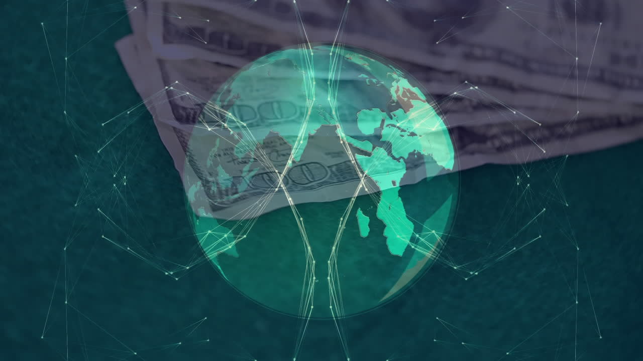 сеть связей, образующих земной шар против американских долларов, вращающихся