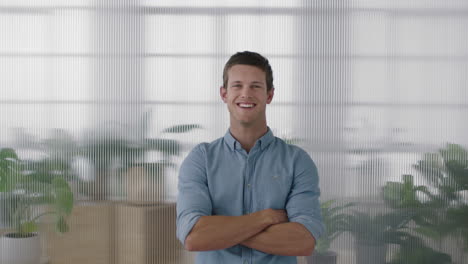 retrato de un atractivo joven empresario riendo con los brazos alegres cruzados disfrutando de un exitoso negocio de inicio feliz fondo de oficina de empresario caucásico