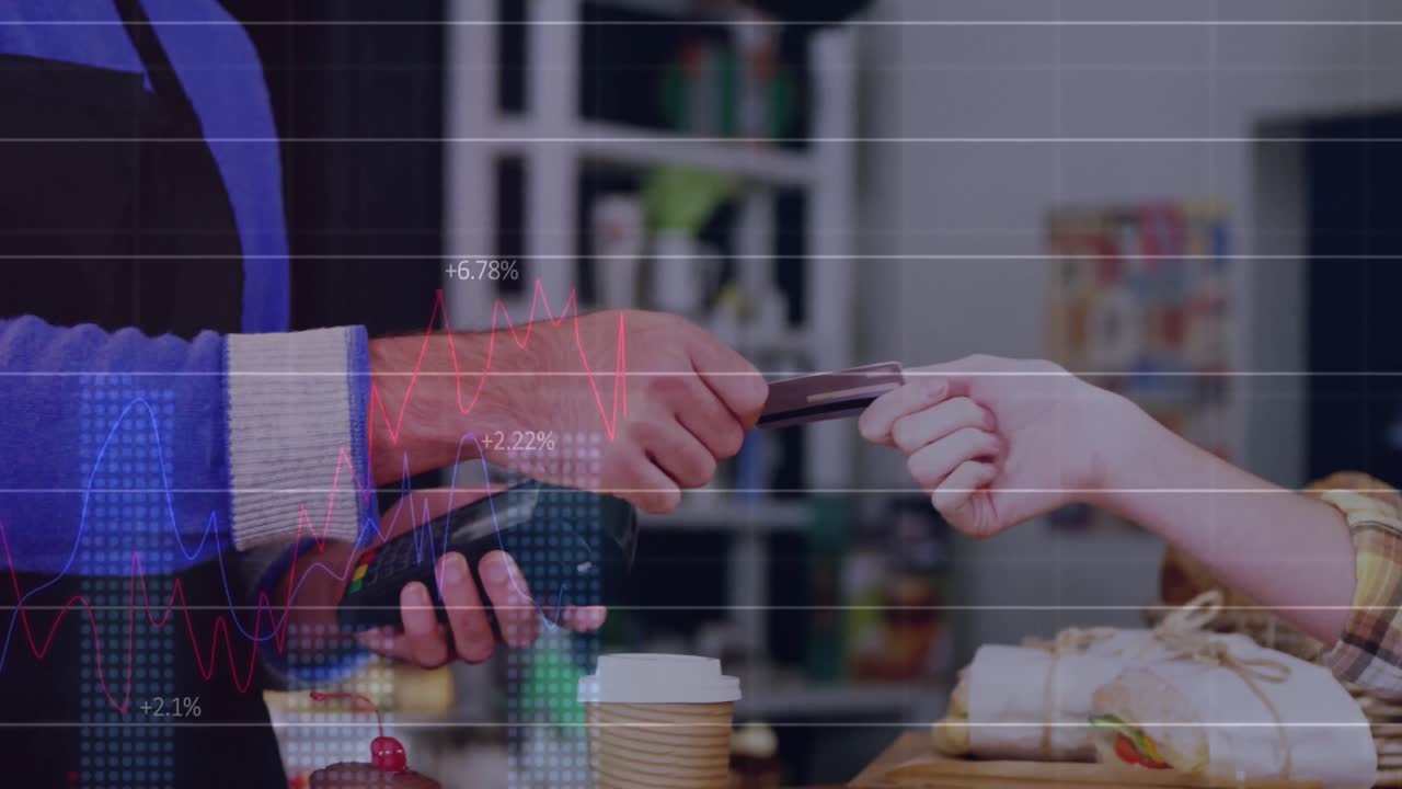 Animation of multiple graphs with numbers over biracial woman giving credit card to owner