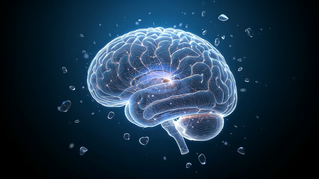 Animating glowing 3D brain model rotating in virtual space, showing neural activity and halo