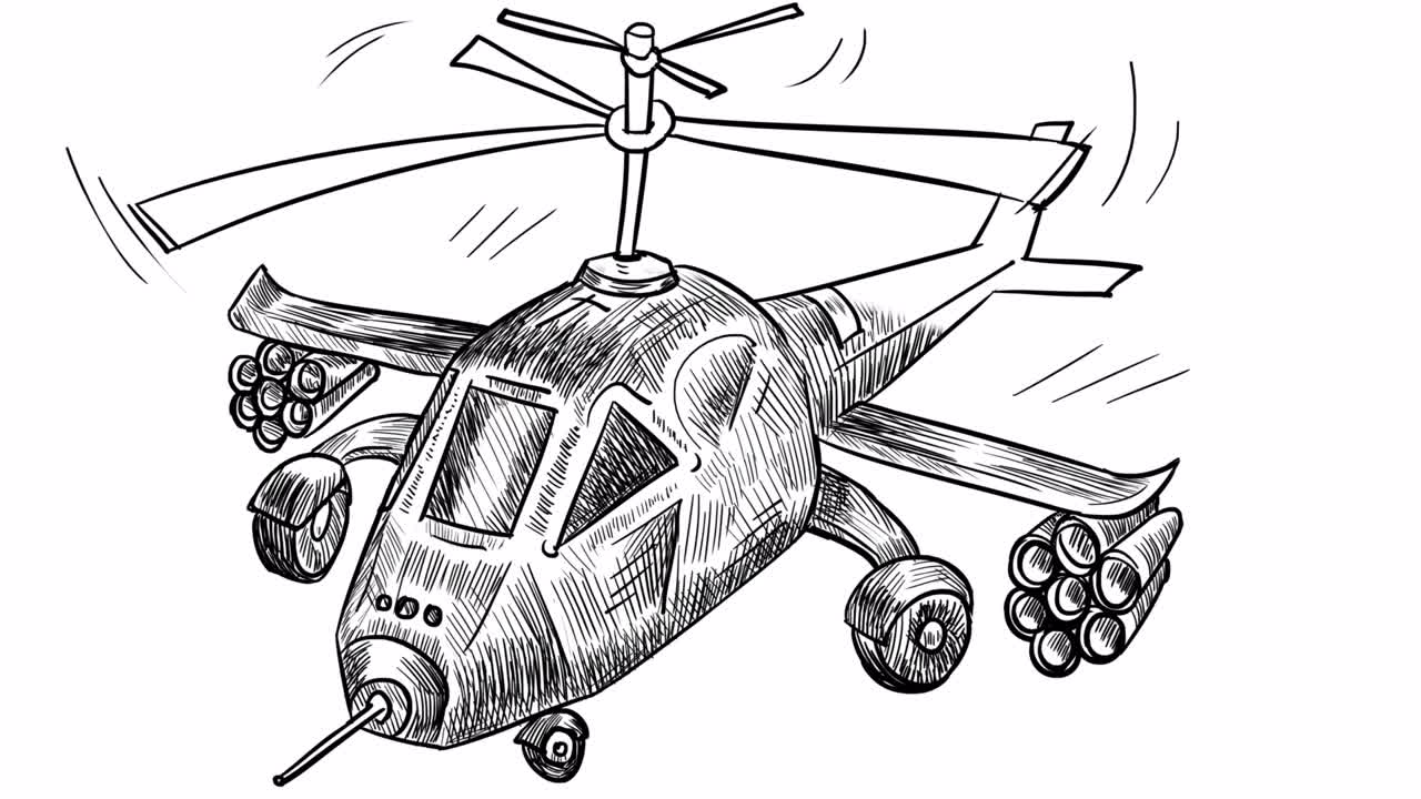 auto-dibujado de un helicóptero militar de combate en estilo boceto sobre un fondo blanco.