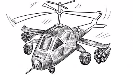 self-drawing of a combat military helicopter in sketch style on a white background.