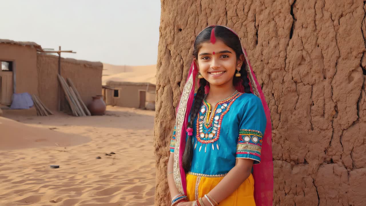 Young indian girl wearing traditional clothing smiles while standing near a mud brick house in a desert village, showcasing the rich culture and simple life of rural communities