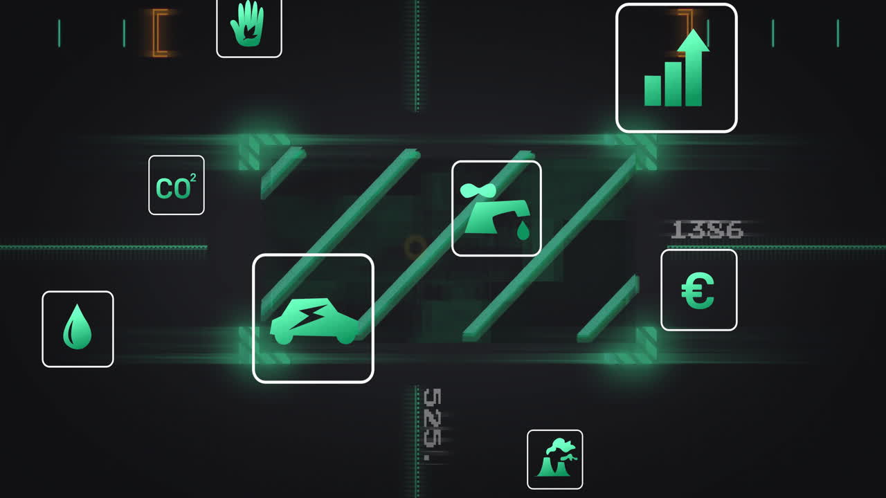 Electric car icon showing glowing neon green energy symbols cascading across dark dashboard