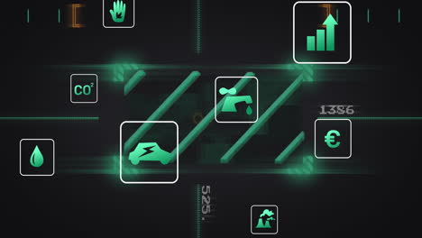 electric car icon showing glowing neon green energy symbols cascading across dark dashboard