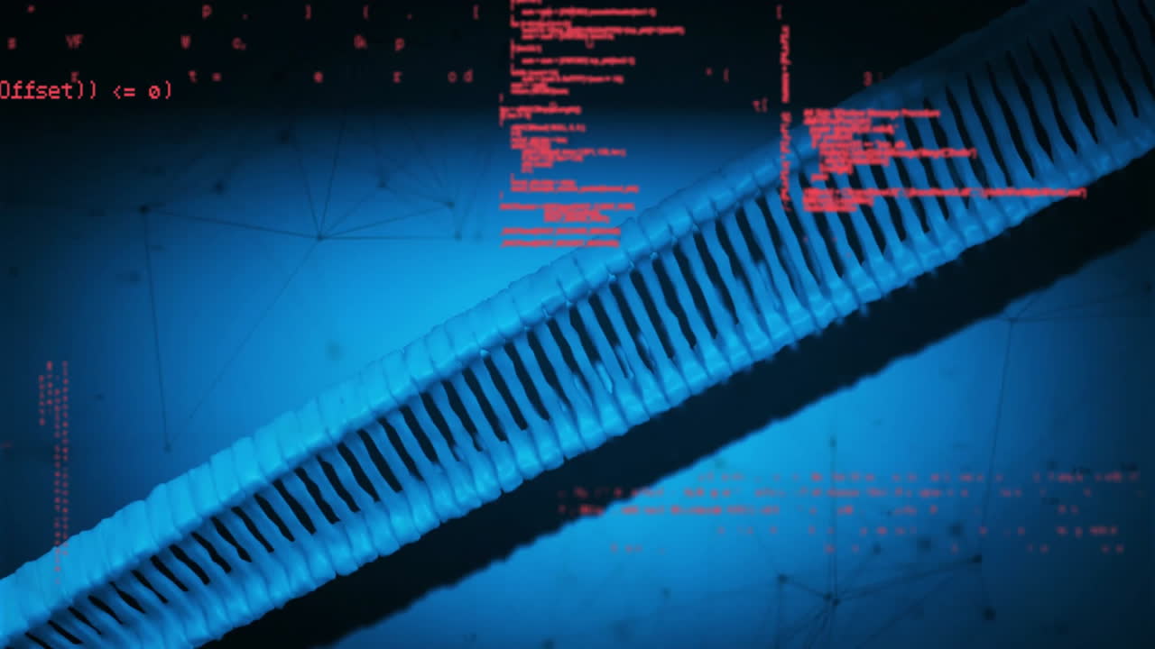 Animation of data processing over dna strand on blue backgroud