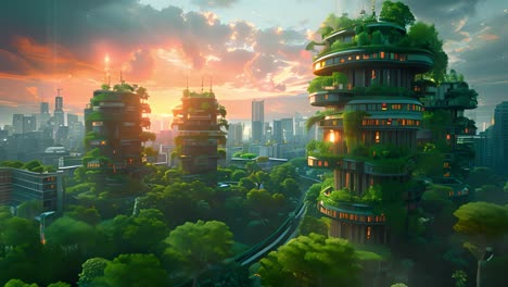 futuristic eco-city with green buildings at sunset