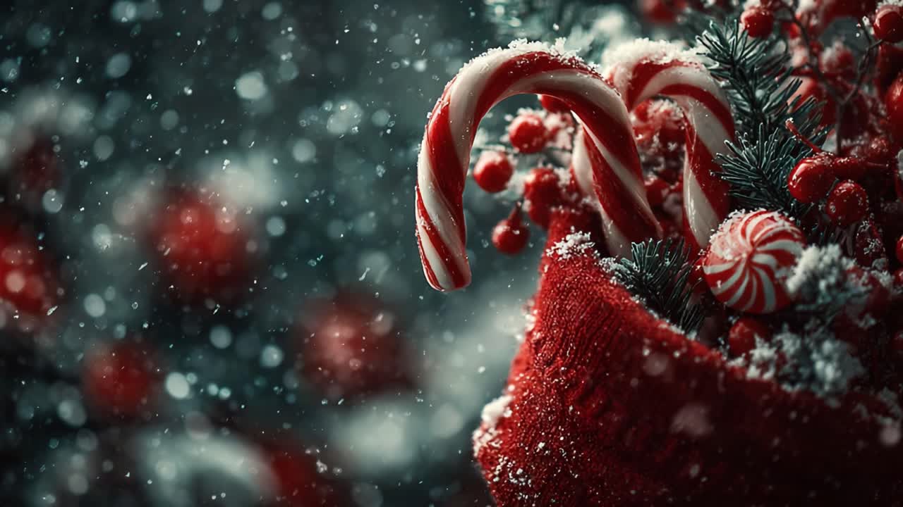 A Festive Winter Scene Featuring Candy Canes and Holiday Decorations Set Against a Snowy Background, Perfect for Celebrating the Holiday Spirit and Cheer