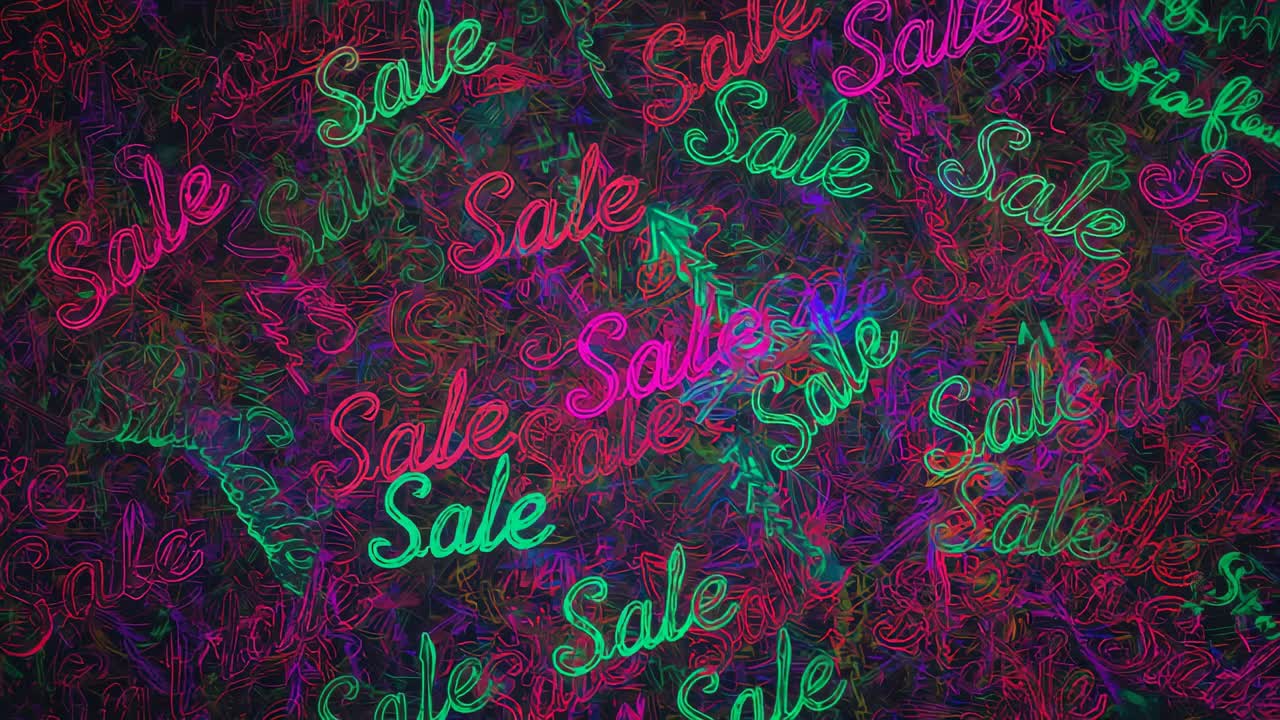 Looping neon Sale motifs pulsing and cycling across full-frame backdrop, arrows shifting for promo