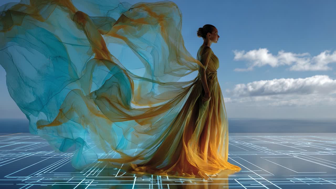 A breathtaking portrayal of a graceful figure adorned in flowing fabric, standing against a stunning backdrop that seamlessly blends nature and digital art, inviting reflections on beauty and modernity