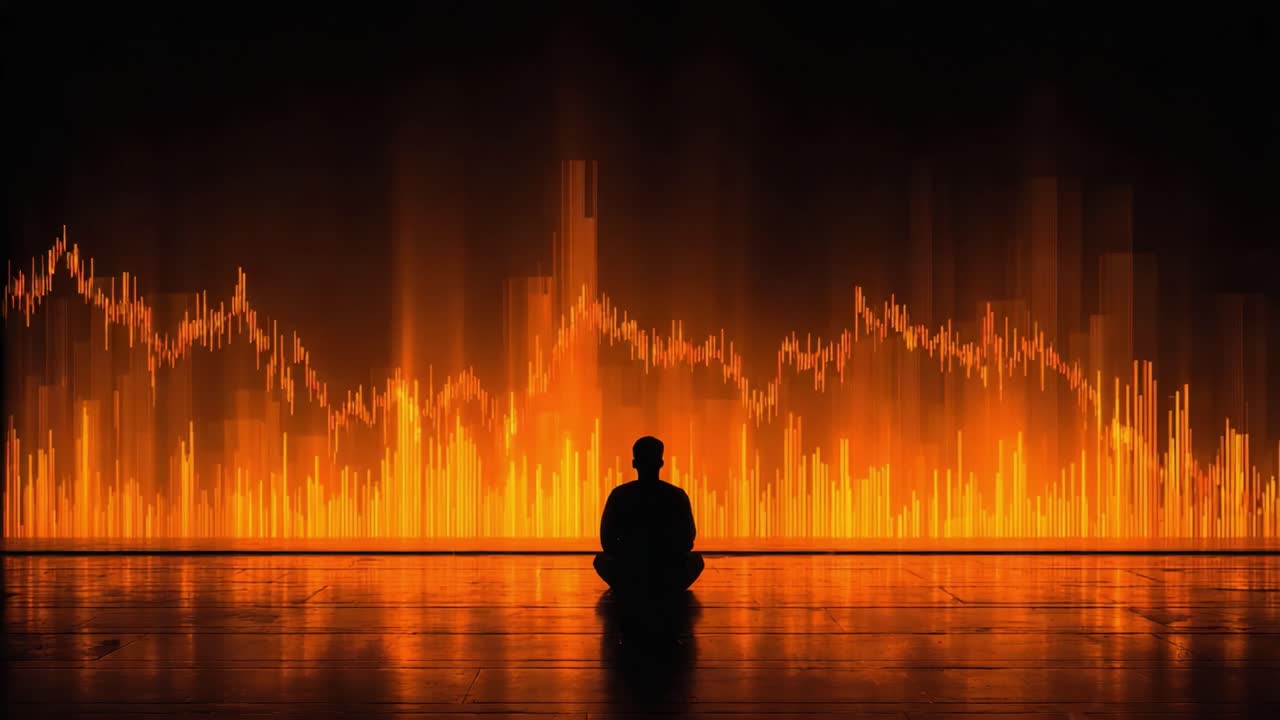 A contemplative figure sits in silence, immersed in the vibrant display of pulsating waves, illuminating the dark space with fiery patterns of fluctuating energy