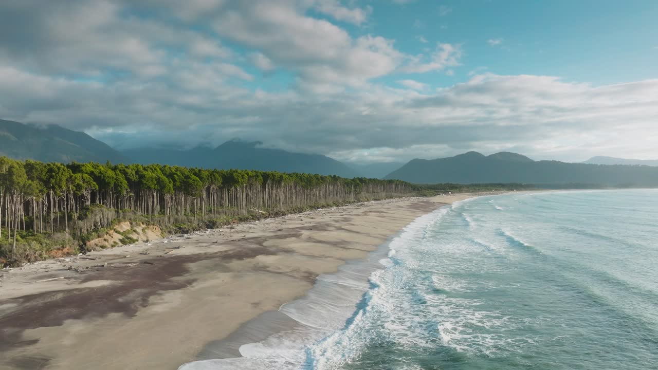 Aerial drone view of scenic windswept Bruce Bay with long stretching sandy beach, lined by native Rimu trees and rolling waves from the Tasman Sea in South Westland, New Zealand Aotearoa