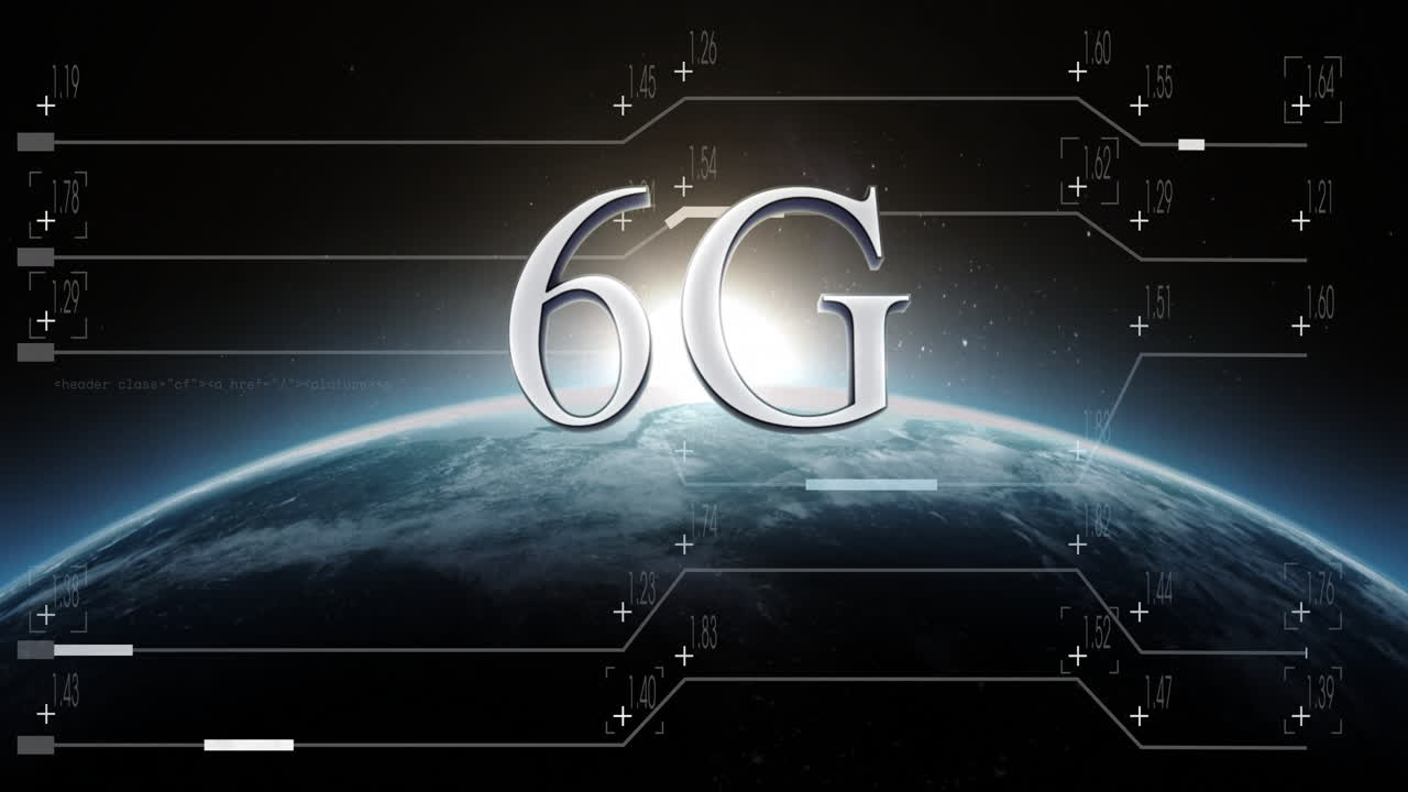 Animazione di testo 6G con rete digitale sopra la Terra e orizzonte luminoso