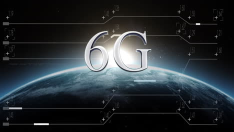 animation of 6g text with digital network over earth and glowing horizon