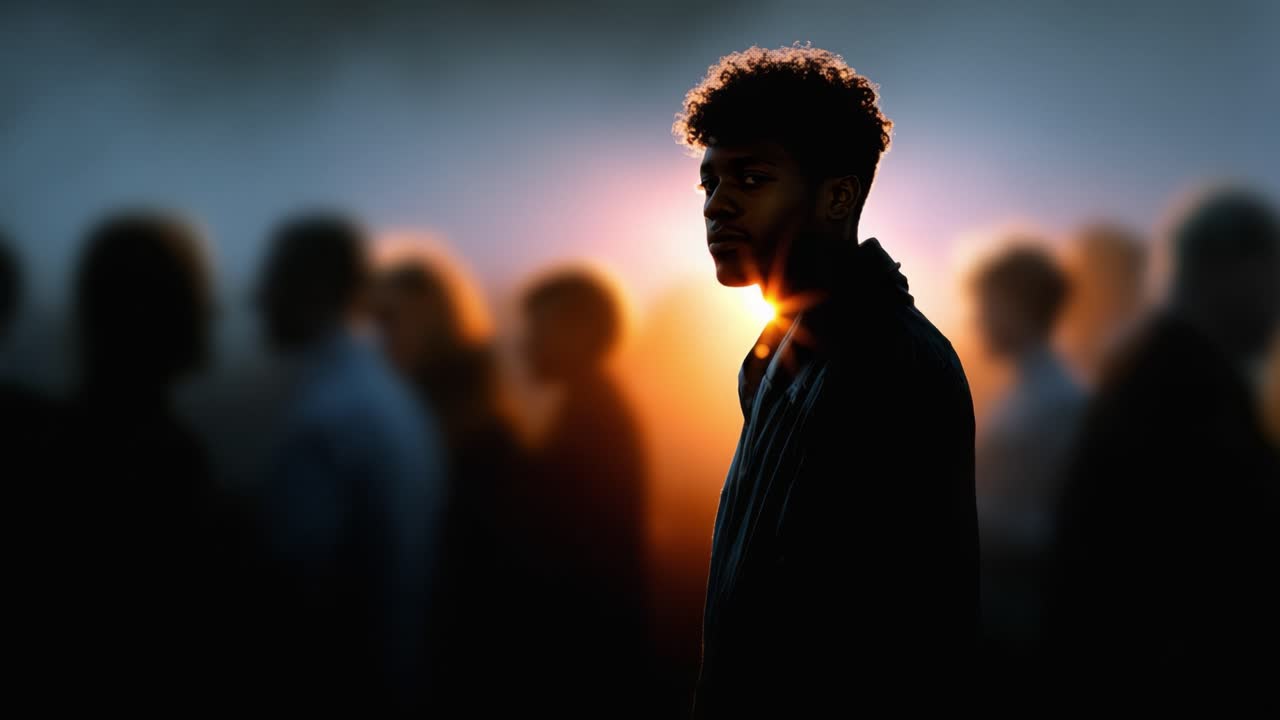 Una figura contemplativa si staglia in controluce su uno sfondo vivace di forme sfocate e indistinte, evocando temi di introspezione e identità.