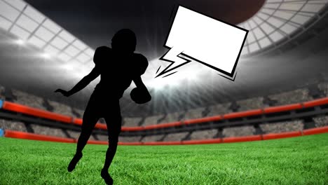 Animation-of-silhouette-of-american-football-player-with-speech-bubble-on-sports-stadium
