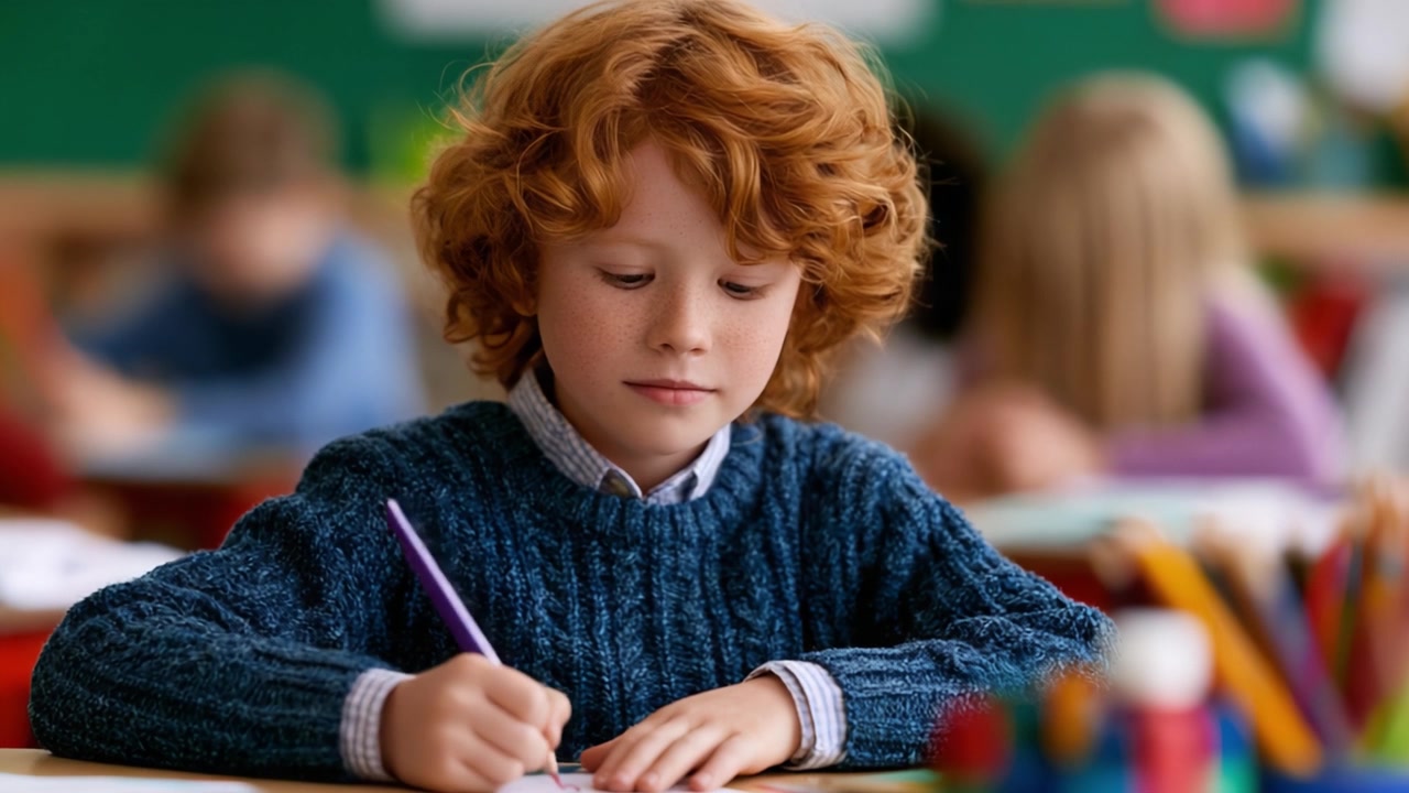 Un giovane studente impegnato nell'espressione creativa durante la lezione, concentrandosi sul disegno e sull'apprendimento, circondato da compagni di classe e materiali artistici colorati.