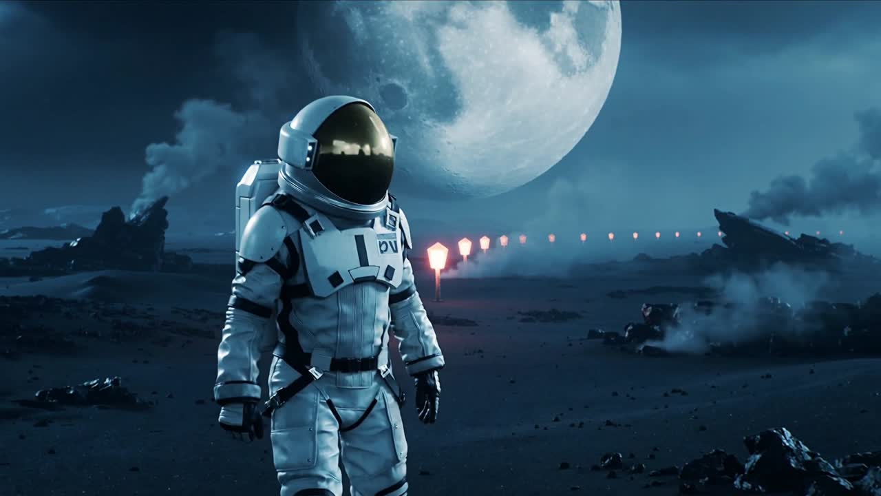 Gående astronaut i hvid EVA-dragt nærmer sig kamera på månelignende slette, følger pejlemærker.