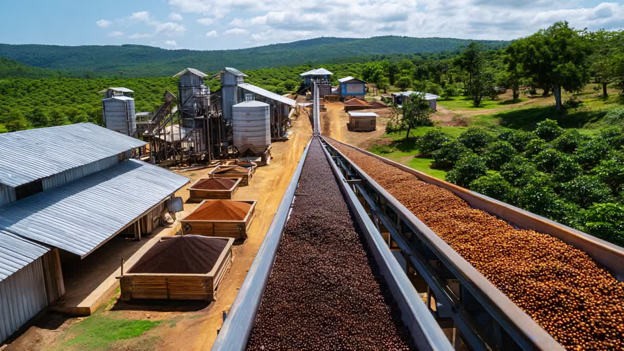Luftaufnahme einer Kaffeeverarbeitungsanlage mit Förderbändern, die frisch geerntete Kaffeebohnen transportieren, umgeben von leuchtend grünen Feldern und industriellen Produktionsanlagen