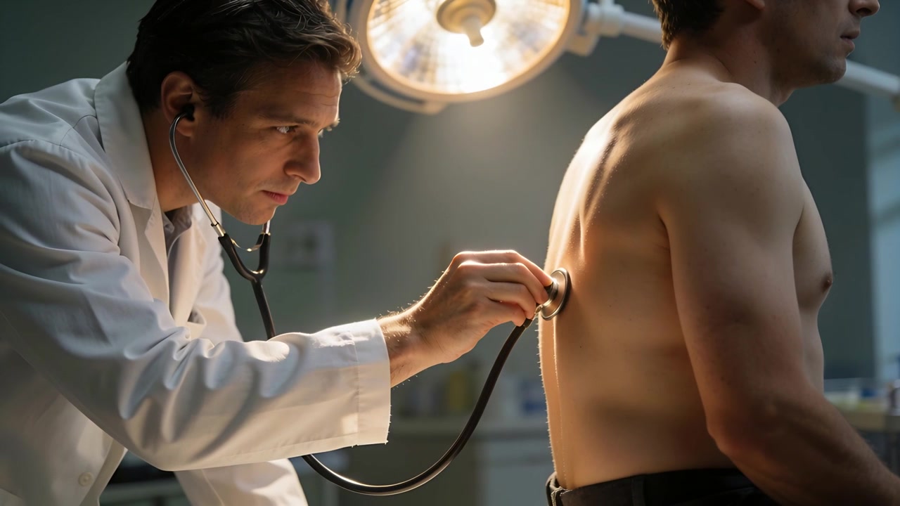 Moving doctor in white coat using stethoscope on shirtless patient's back in clinic checking lungs