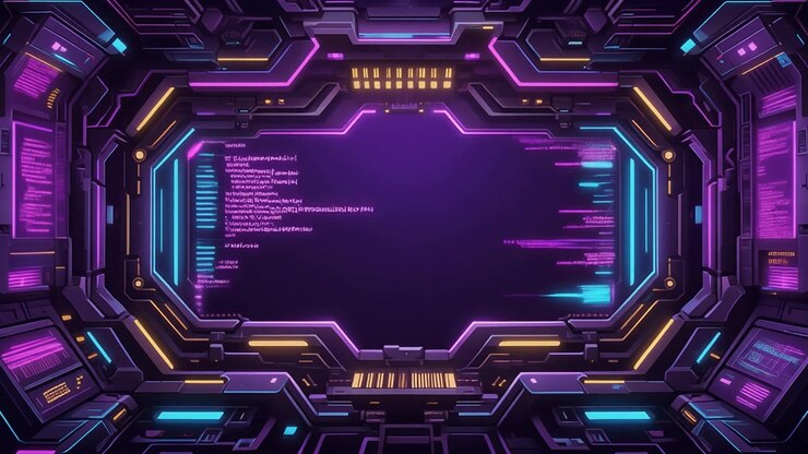 Abstract Cyberpunk Interface with Scrolling Code and Neon Lights