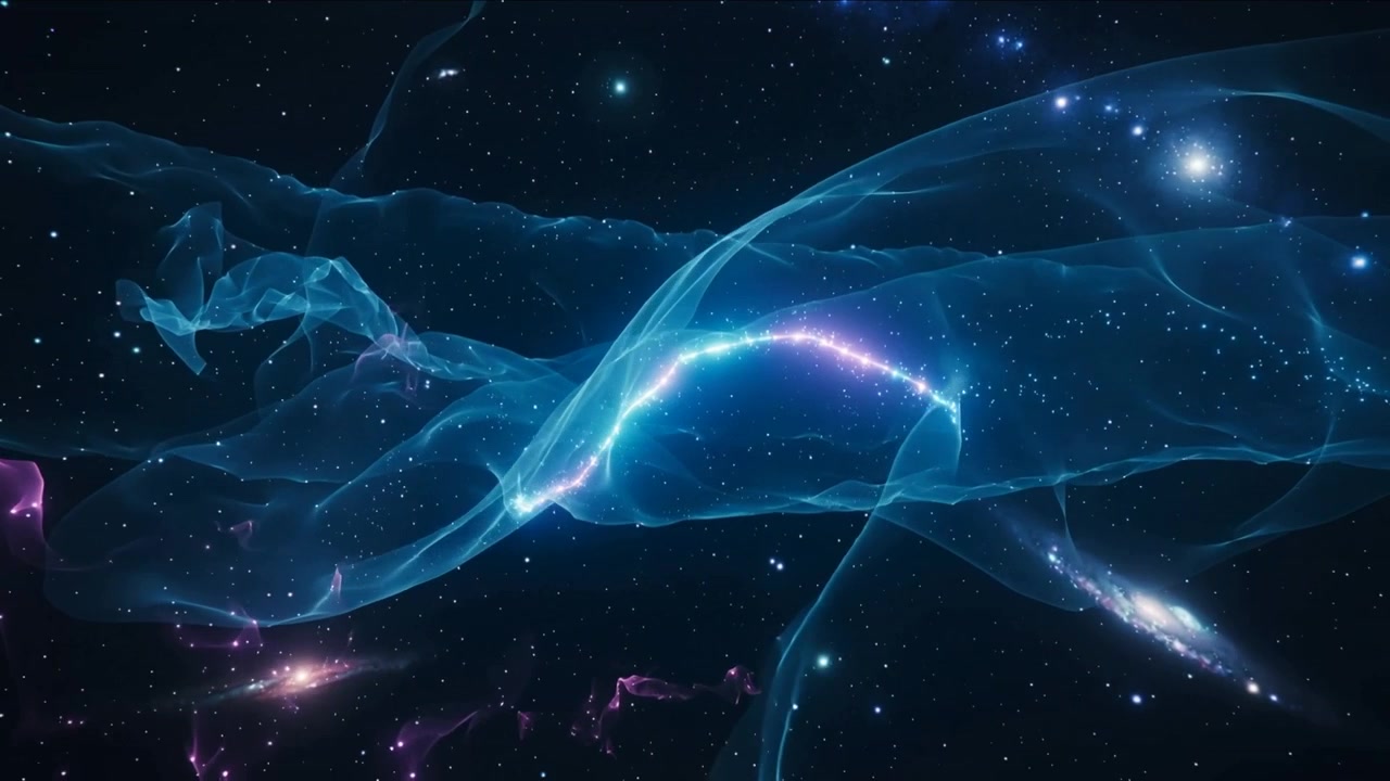 Flowing translucent blue nebular ribbon shifting in space, filament pulsing and initiating motion