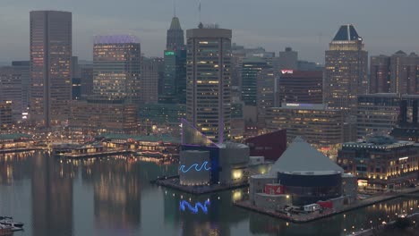 Aerial-Shot-of-Baltimore-City-covered-in-Fog-during-Night