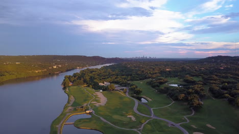 flying over lake austin at sunset