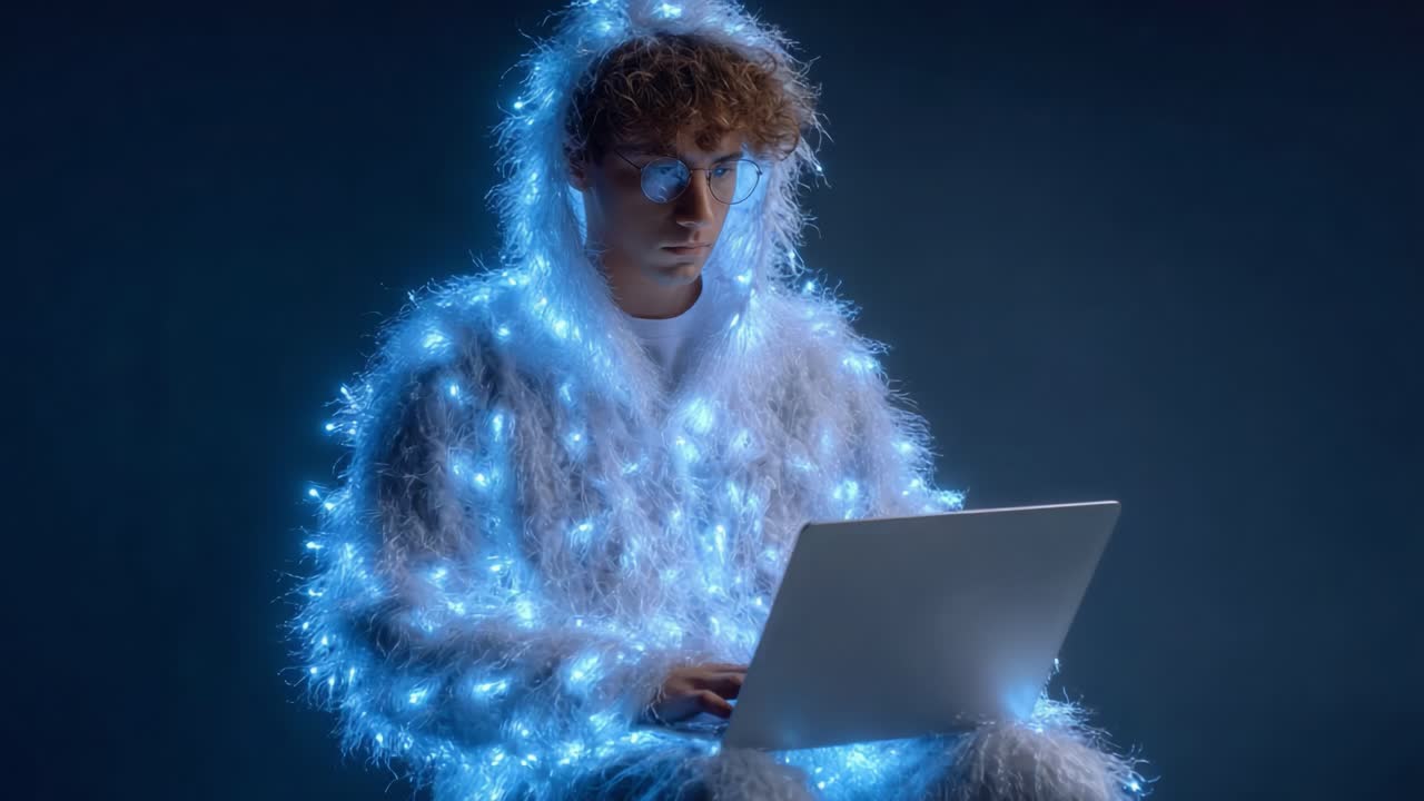 A Creative Individual Enveloped in a Cozy, Light-Up Hoodie Using a Laptop, Embracing Technology with a Touch of Whimsical Style