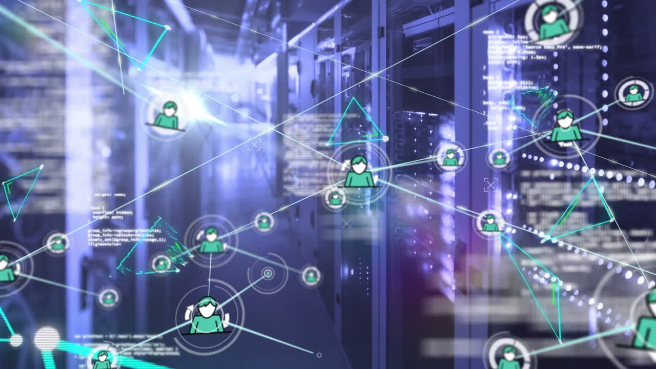 Animation of network of connections with icons and data processing over server room
