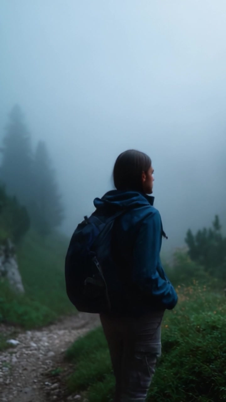 A solitary figure navigating through a misty forest path, embodying tranquility and adventure within nature's ethereal embrace, a journey of self-discovery unfolds.