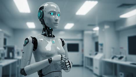 a futuristic robot with luminous features standing in a sleek, modern laboratory setting, showcasing advanced technology and human-like engagement