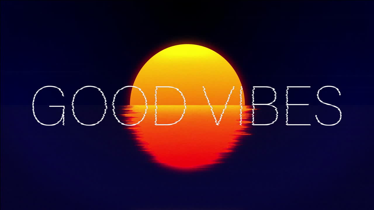 Animazione della scritta 'good vibes' e tramonto su sfondo nero