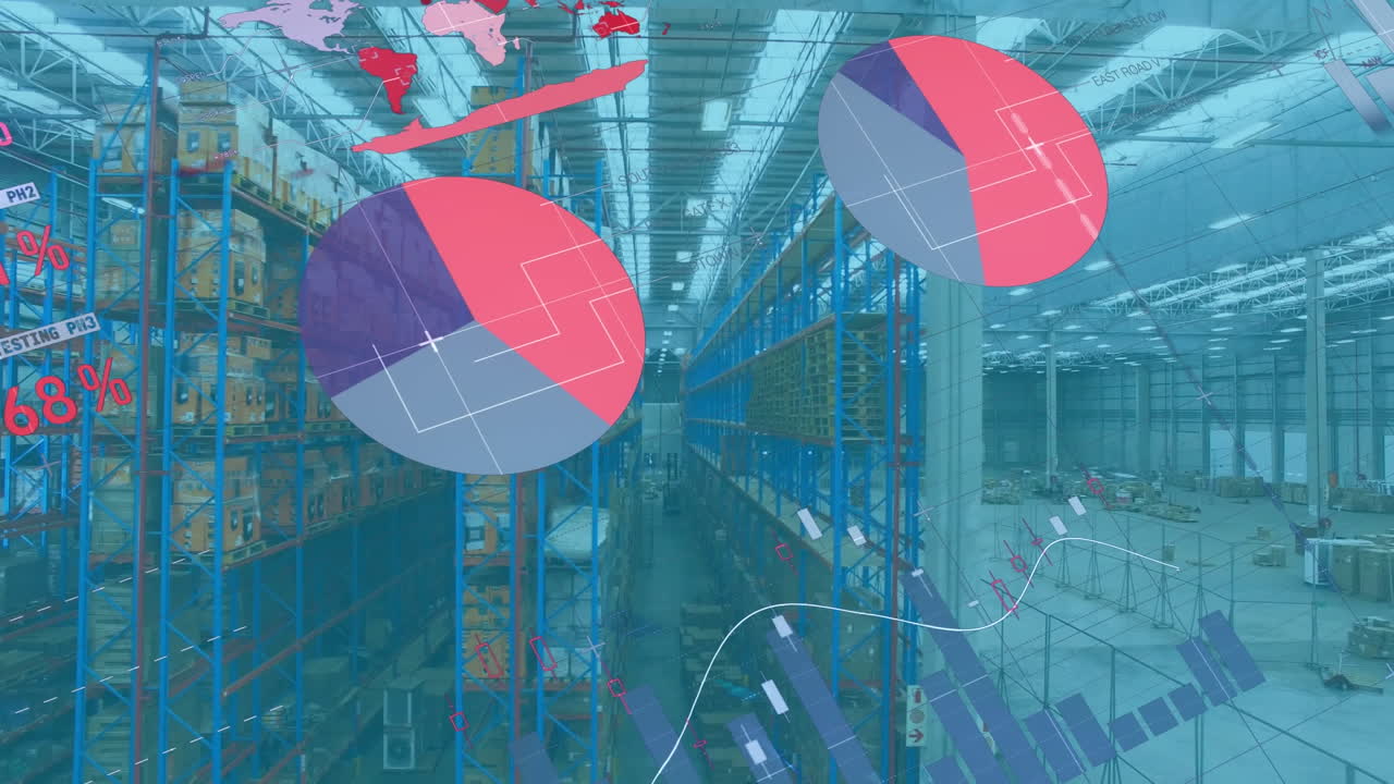 animación de la interfaz infográfica sobre la vista aérea del almacén en el fondo