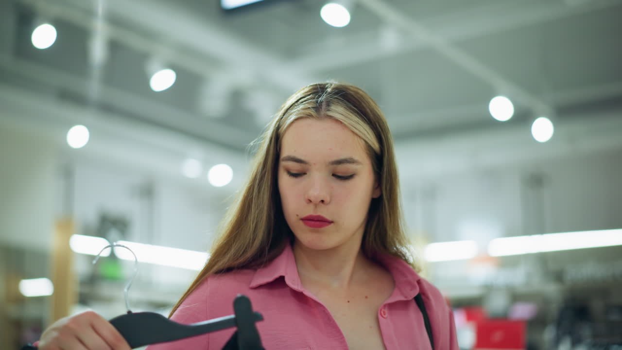 Lady in pink shirt with open buttons, observes black top in her hand while standing in brightly lit shopping mall, with other items in the background, with blur view of light hanging