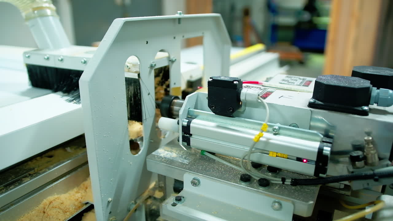 Industry for making doors. Modern automated machine doing holes in wooden doors. Furniture production in workshop. Close-up.