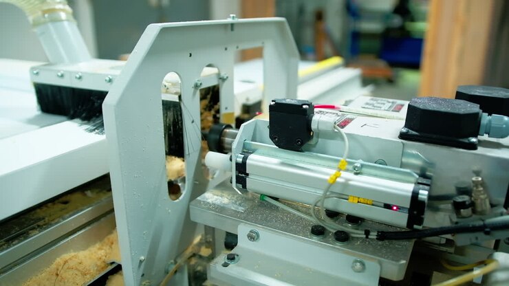 Industry for making doors. Modern automated machine doing holes in wooden doors. Furniture production in workshop. Close-up.