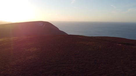 sunset aerial footage with coastal ocean view on moor with birds flying nearby in north devon uk 4k