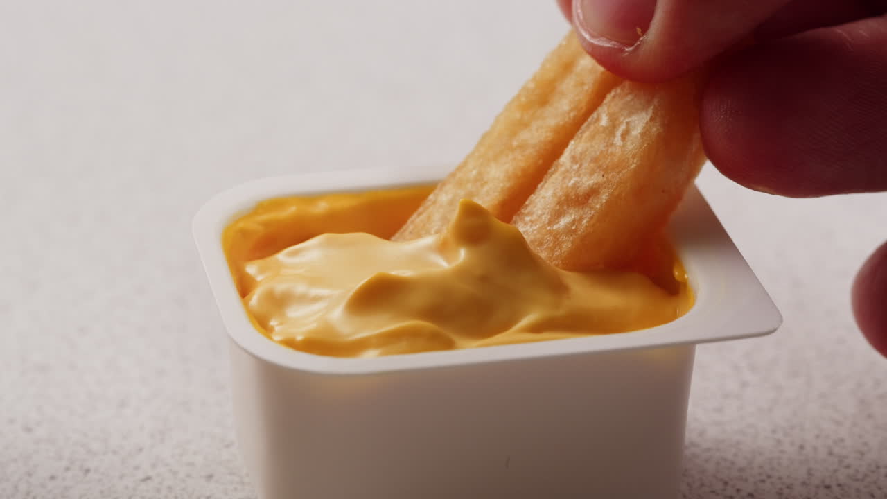 치즈 소스에 손으로 감자김을 담그는 것