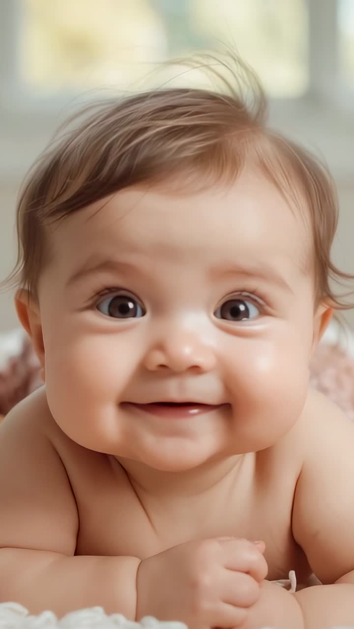 Vertical video: Responding to sound infant lifting head on cream blanket by window, with toy behind